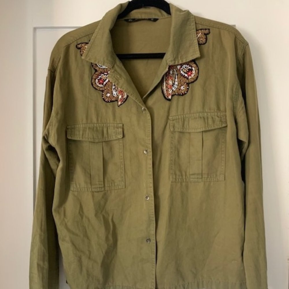 Zara button front shirt with beaded trim